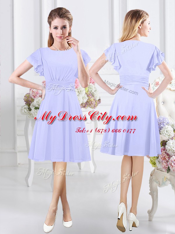 Lavender Bridesmaid Dress Prom and Party and Wedding Party and For with Ruching Scoop Short Sleeves Side Zipper