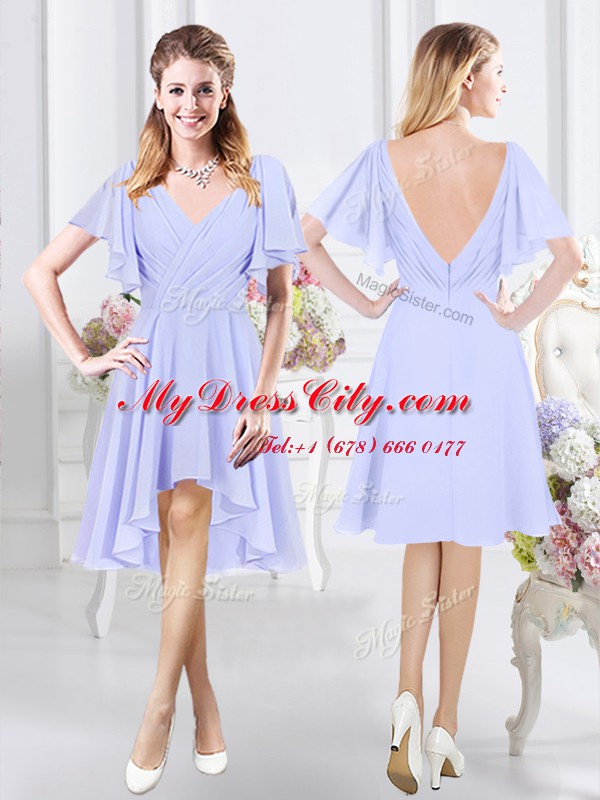 Lavender Bridesmaid Dress Prom and Party and Wedding Party and For with Ruching Scoop Short Sleeves Side Zipper