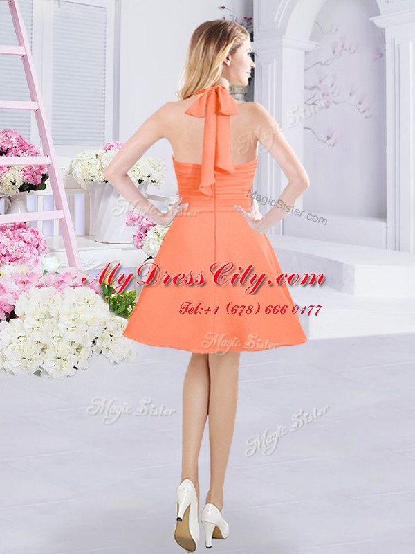 Glittering Halter Top Orange Sleeveless Ruching Mini Length Wedding Party Dress