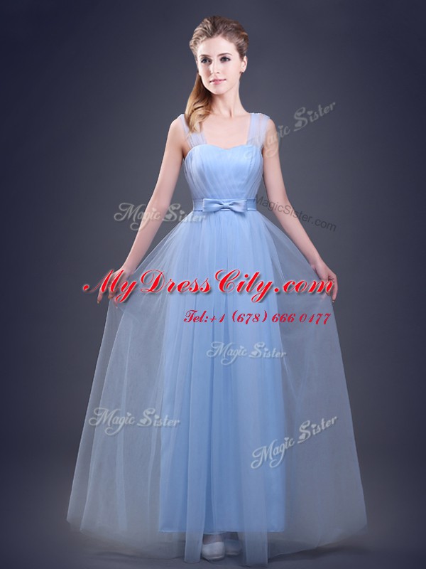 Customized Light Blue Bridesmaid Dress Prom and Party and Wedding Party and For with Ruching and Bowknot Straps Sleeveless Lace Up