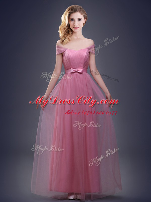 Glorious Off the Shoulder Pink Tulle Lace Up Dama Dress for Quinceanera Sleeveless Floor Length Ruching and Bowknot