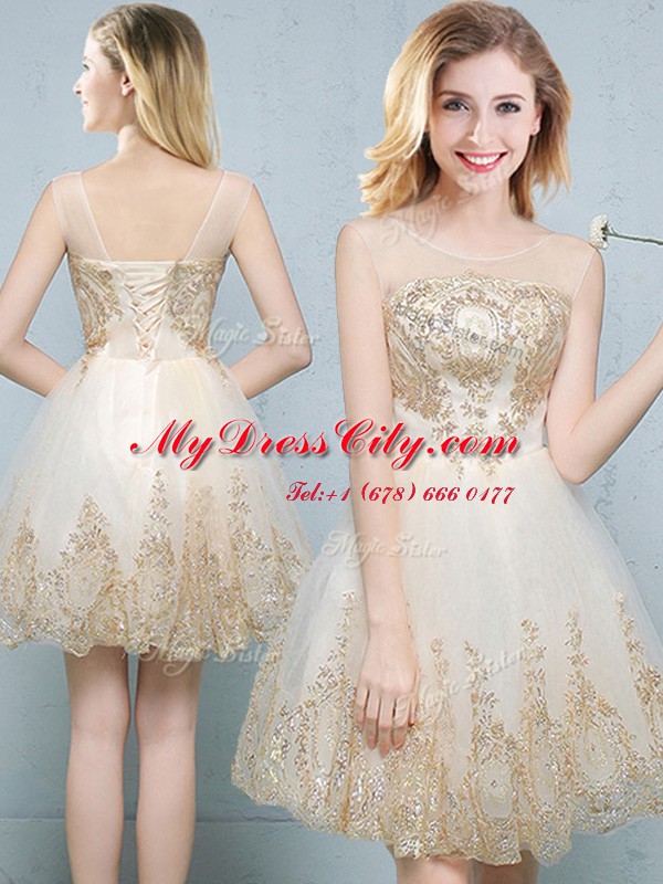 Scoop Sleeveless Lace Up Dama Dress for Quinceanera Champagne Tulle