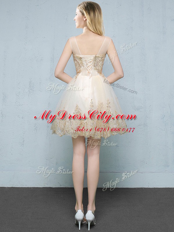 Scoop Sleeveless Lace Up Dama Dress for Quinceanera Champagne Tulle