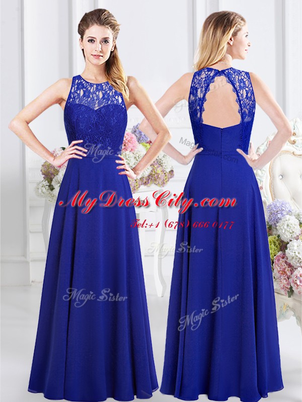 Luxury Scoop Sleeveless Chiffon Floor Length Backless Bridesmaids Dress in Royal Blue with Lace