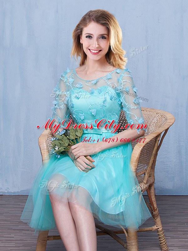 Aqua Blue Tulle Lace Up Scoop Half Sleeves Knee Length Court Dresses for Sweet 16 Lace and Appliques and Bowknot