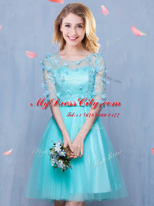 Aqua Blue Tulle Lace Up Scoop Half Sleeves Knee Length Court Dresses for Sweet 16 Lace and Appliques and Bowknot