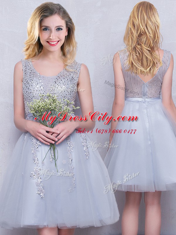 Scoop Grey Sleeveless Tulle Zipper Vestidos de Damas for Prom and Party and Wedding Party