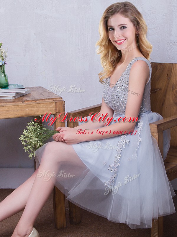 Scoop Grey Sleeveless Tulle Zipper Vestidos de Damas for Prom and Party and Wedding Party