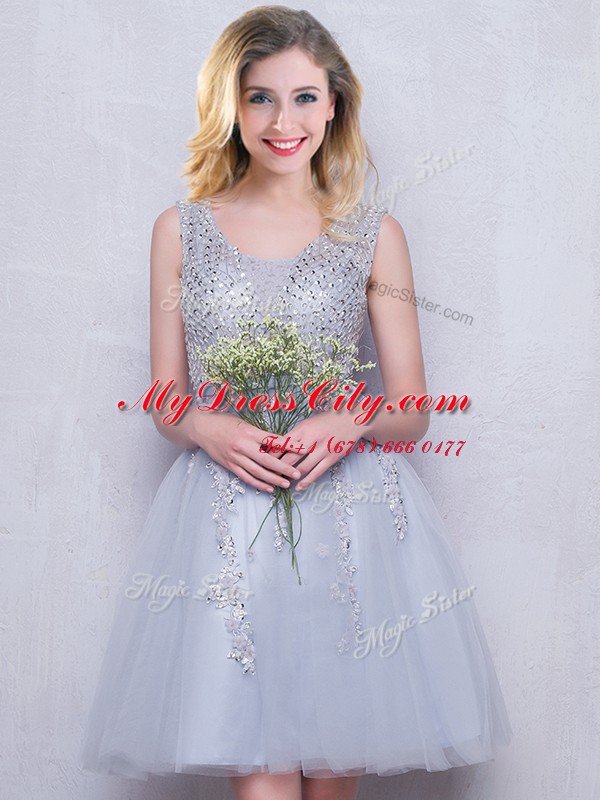 Scoop Grey Sleeveless Tulle Zipper Vestidos de Damas for Prom and Party and Wedding Party