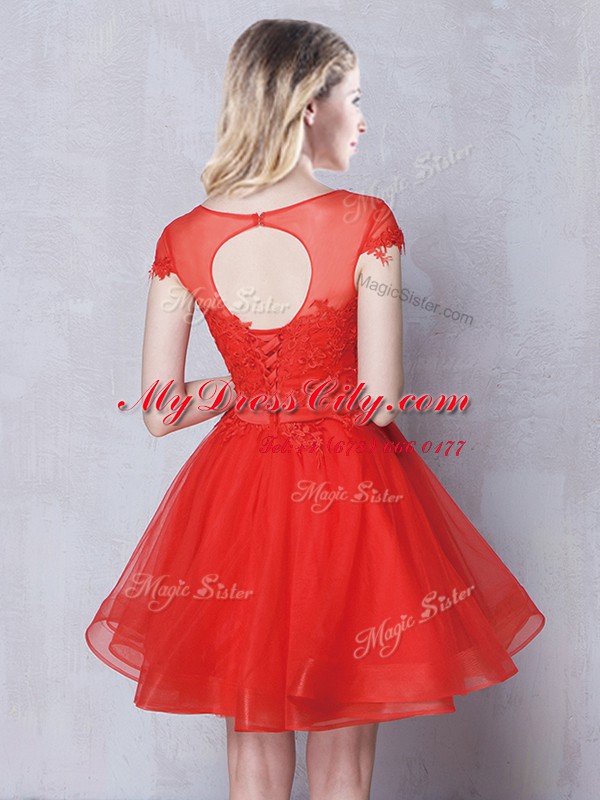 Scoop Short Sleeves Lace Up Vestidos de Damas Red Tulle