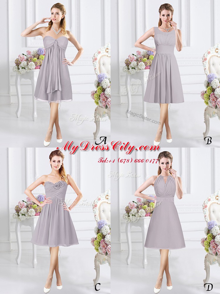 Trendy Lace and Ruching and Hand Made Flower Bridesmaid Dresses Grey Side Zipper Sleeveless Knee Length