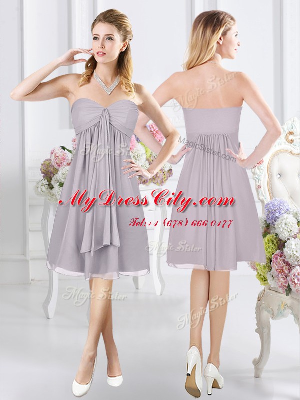 Trendy Lace and Ruching and Hand Made Flower Bridesmaid Dresses Grey Side Zipper Sleeveless Knee Length