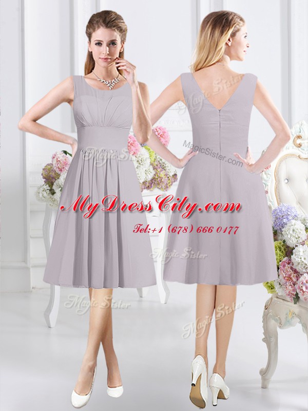 Trendy Lace and Ruching and Hand Made Flower Bridesmaid Dresses Grey Side Zipper Sleeveless Knee Length