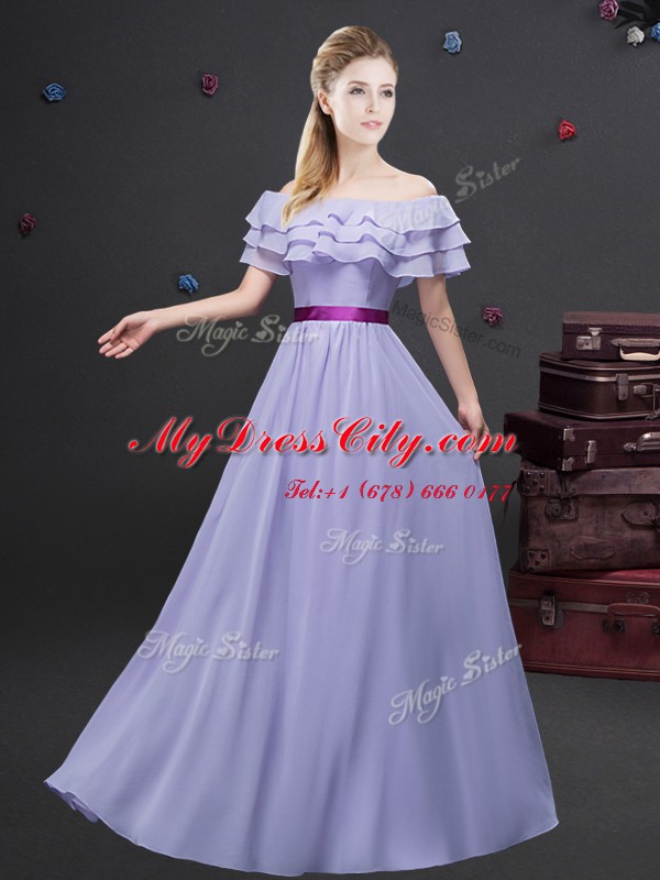 Suitable Lavender Chiffon Zipper Off The Shoulder Sleeveless Floor Length Quinceanera Court of Honor Dress Ruffled Layers and Ruching and Belt