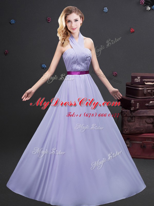 Suitable Lavender Chiffon Zipper Off The Shoulder Sleeveless Floor Length Quinceanera Court of Honor Dress Ruffled Layers and Ruching and Belt