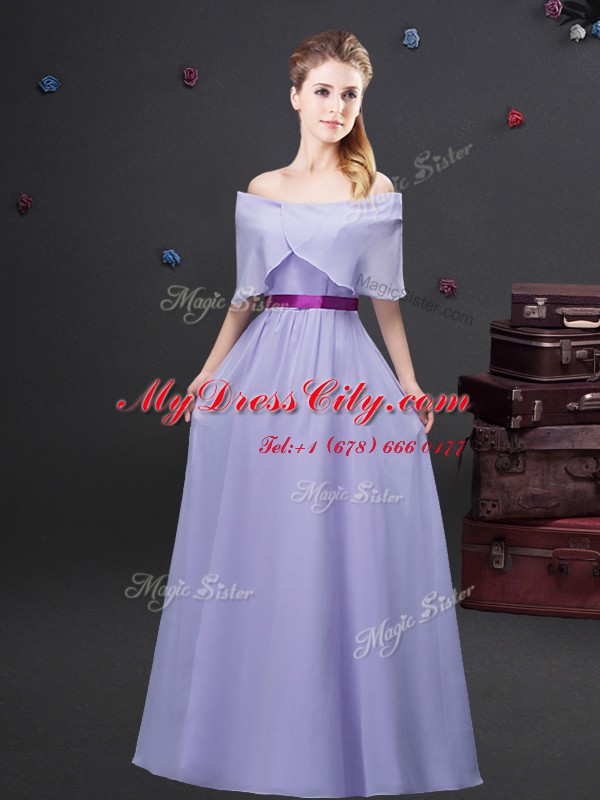 Suitable Lavender Chiffon Zipper Off The Shoulder Sleeveless Floor Length Quinceanera Court of Honor Dress Ruffled Layers and Ruching and Belt