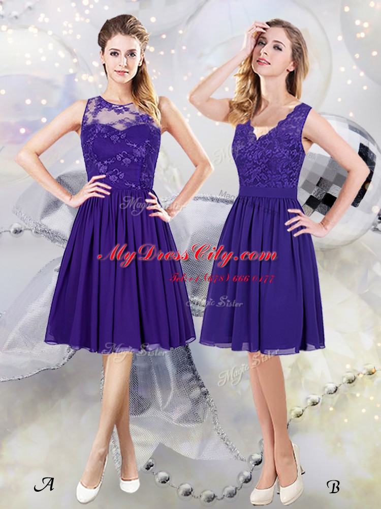 Trendy Scoop See Through Purple Sleeveless Knee Length Lace and Appliques Zipper Bridesmaids Dress