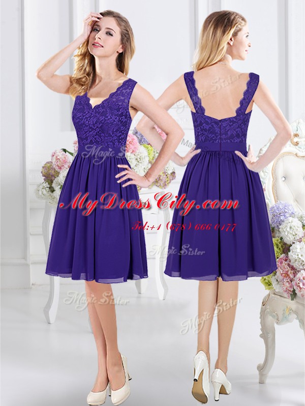 Trendy Scoop See Through Purple Sleeveless Knee Length Lace and Appliques Zipper Bridesmaids Dress