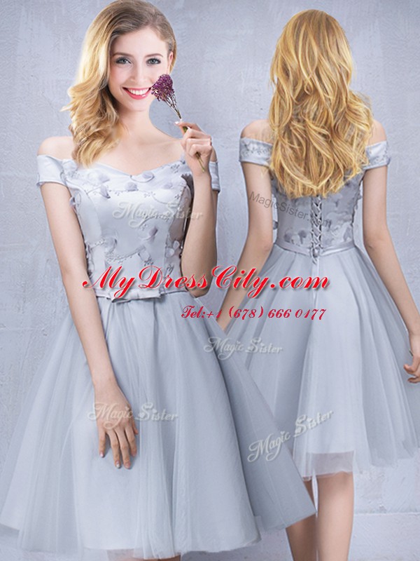 Affordable Scoop Sleeveless Lace Up Court Dresses for Sweet 16 Grey Tulle