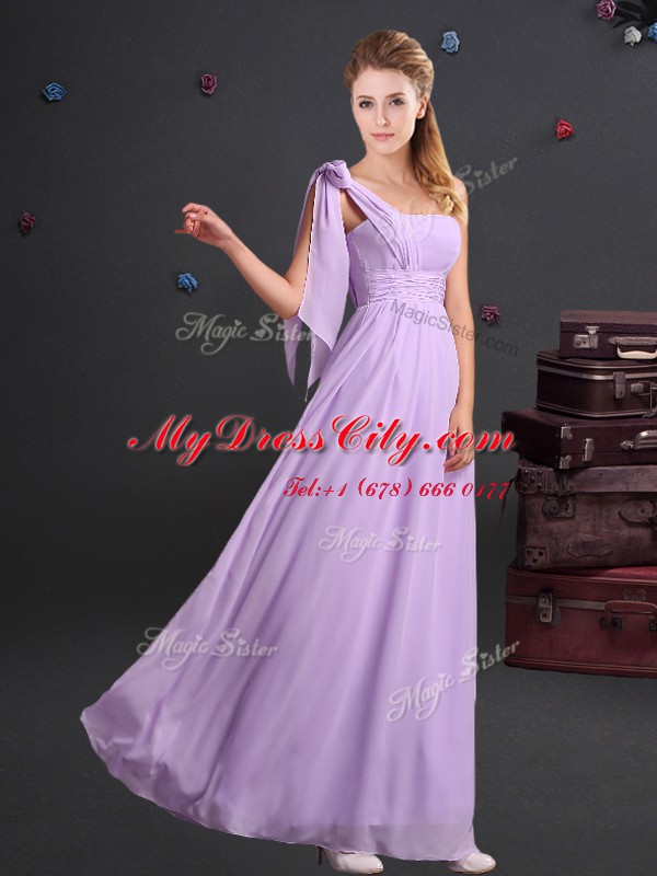 One Shoulder Sleeveless Damas Dress Floor Length Ruching and Bowknot and Hand Made Flower Lavender Chiffon