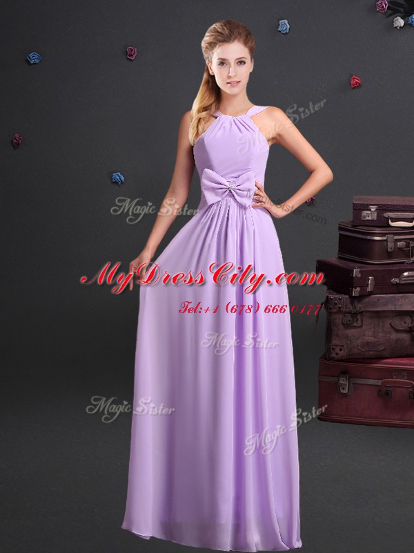 One Shoulder Sleeveless Damas Dress Floor Length Ruching and Bowknot and Hand Made Flower Lavender Chiffon