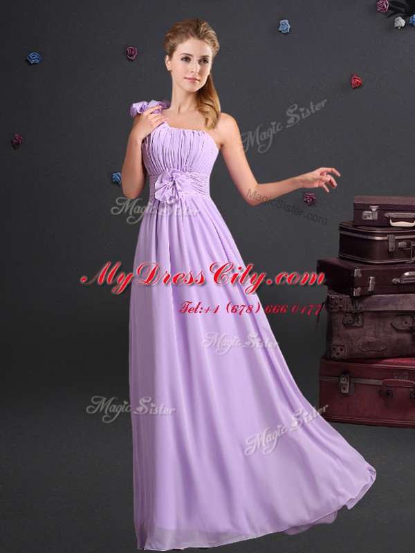 One Shoulder Sleeveless Damas Dress Floor Length Ruching and Bowknot and Hand Made Flower Lavender Chiffon