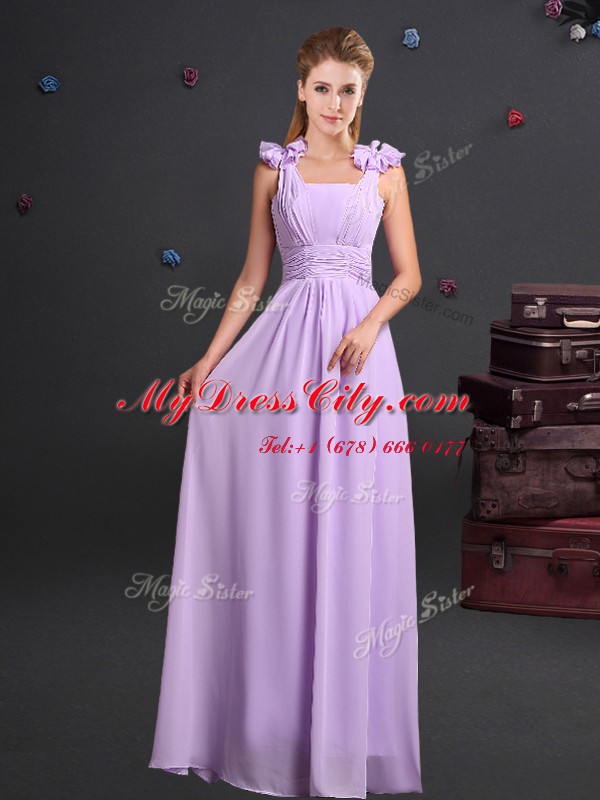 One Shoulder Sleeveless Damas Dress Floor Length Ruching and Bowknot and Hand Made Flower Lavender Chiffon