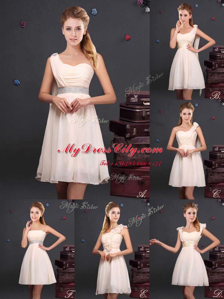 Champagne Zipper Vestidos de Damas Ruffles and Sequins and Ruching and Bowknot and Hand Made Flower Sleeveless Mini Length