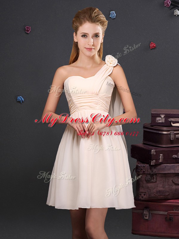 Champagne Zipper Vestidos de Damas Ruffles and Sequins and Ruching and Bowknot and Hand Made Flower Sleeveless Mini Length