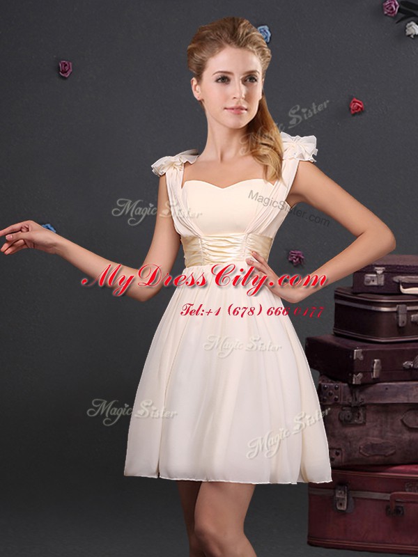 Champagne Zipper Vestidos de Damas Ruffles and Sequins and Ruching and Bowknot and Hand Made Flower Sleeveless Mini Length