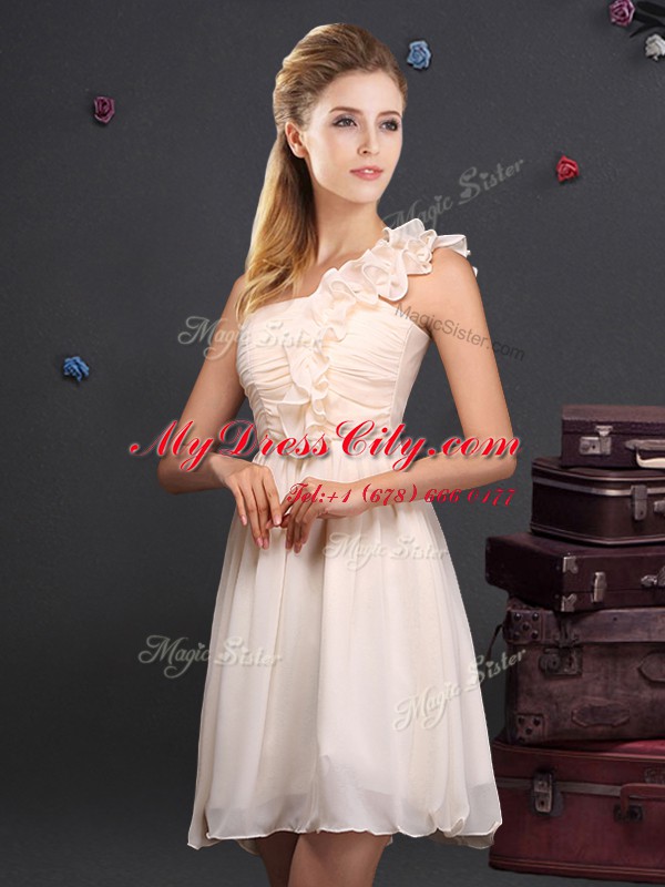 Champagne Zipper Vestidos de Damas Ruffles and Sequins and Ruching and Bowknot and Hand Made Flower Sleeveless Mini Length