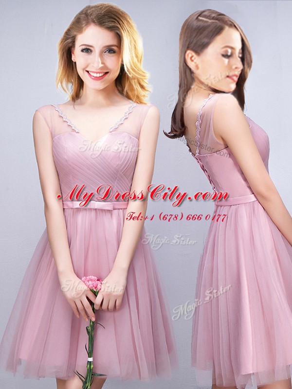 Gorgeous Mini Length Pink Bridesmaid Gown V-neck Sleeveless Lace Up