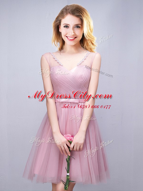 Gorgeous Mini Length Pink Bridesmaid Gown V-neck Sleeveless Lace Up