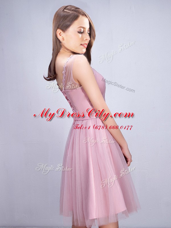 Gorgeous Mini Length Pink Bridesmaid Gown V-neck Sleeveless Lace Up