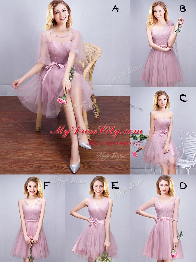 Gorgeous Mini Length Pink Bridesmaid Gown V-neck Sleeveless Lace Up