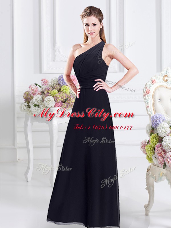 One Shoulder Floor Length Empire Sleeveless Navy Blue Bridesmaids Dress Side Zipper