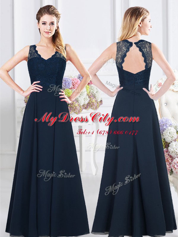 Navy Blue Empire Chiffon One Shoulder Sleeveless Ruching Floor Length Side Zipper Wedding Party Dress