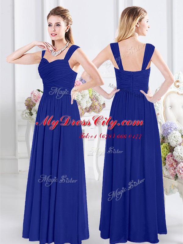 Free and Easy Chiffon V-neck Sleeveless Zipper Lace and Ruffles and Ruching Wedding Party Dress in Royal Blue