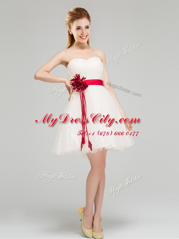 Sashes ribbons and Hand Made Flower Quinceanera Court of Honor Dress White Zipper Sleeveless Mini Length