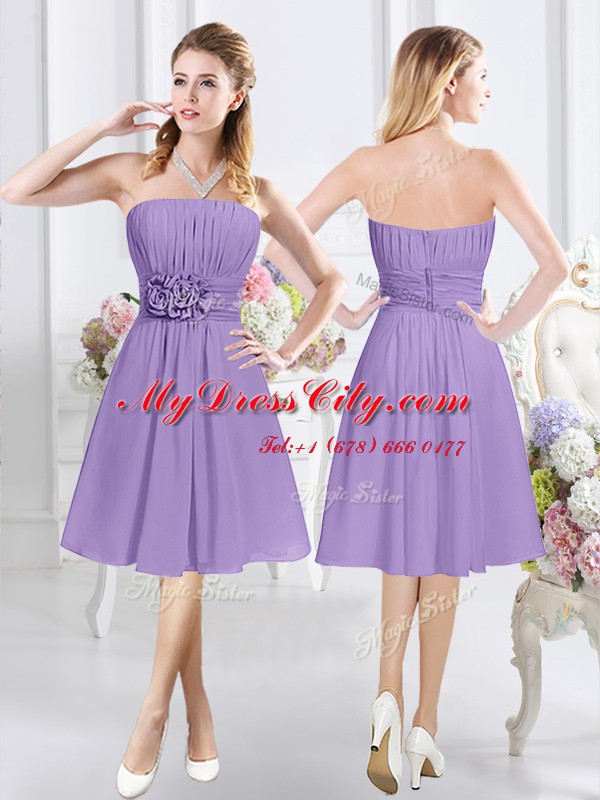 Glorious Lavender Sleeveless Ruching and Hand Made Flower Knee Length Wedding Party Dress