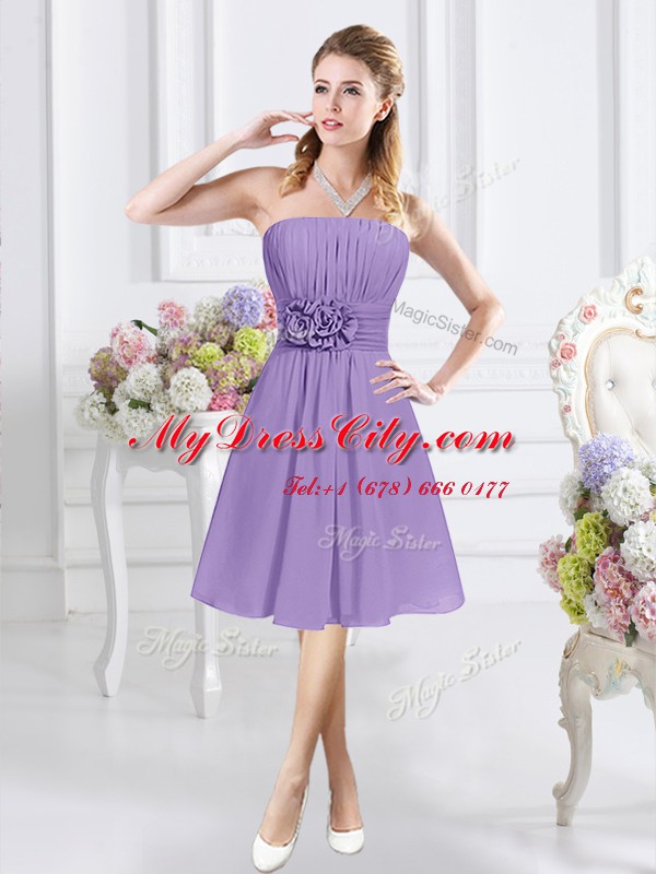 Glorious Lavender Sleeveless Ruching and Hand Made Flower Knee Length Wedding Party Dress