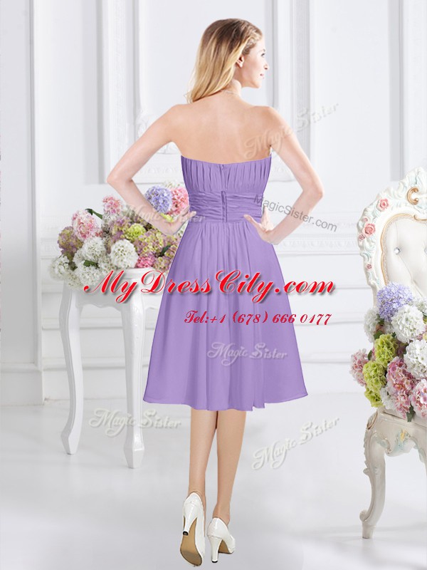 Glorious Lavender Sleeveless Ruching and Hand Made Flower Knee Length Wedding Party Dress