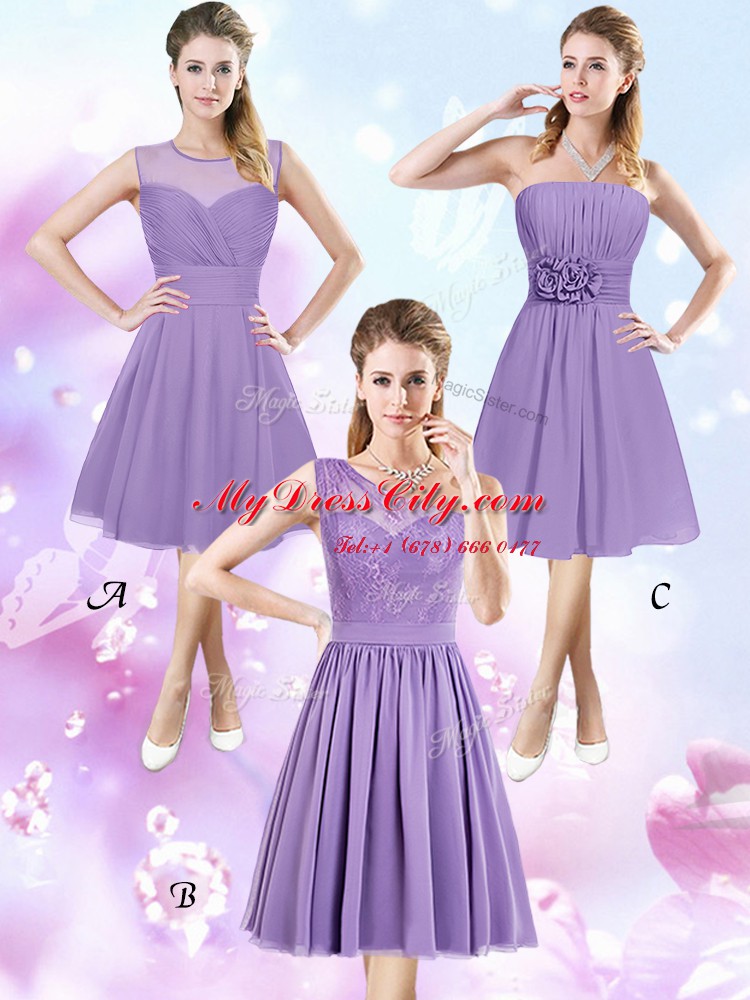 Glorious Lavender Sleeveless Ruching and Hand Made Flower Knee Length Wedding Party Dress