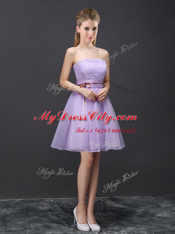 Lavender Strapless Lace Up Lace and Belt Wedding Guest Dresses Sleeveless