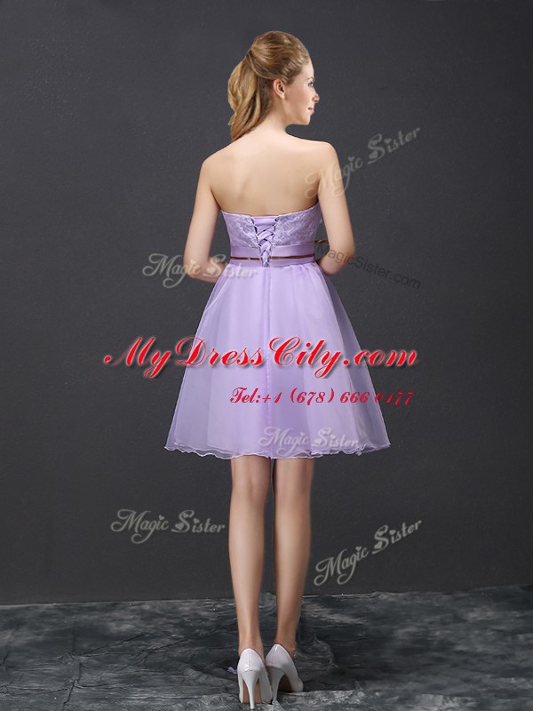 Lavender Strapless Lace Up Lace and Belt Wedding Guest Dresses Sleeveless