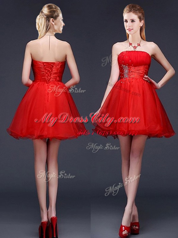 A-line Quinceanera Court Dresses Red Strapless Organza Sleeveless Mini Length Lace Up