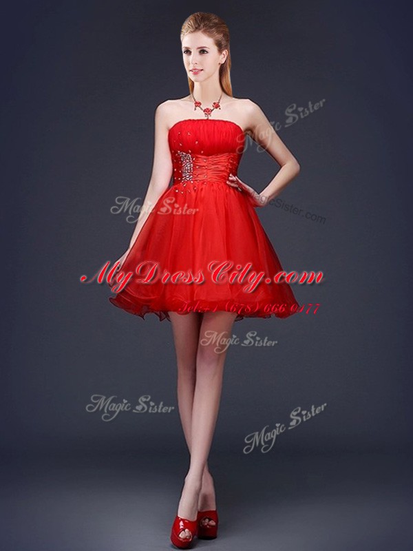 A-line Quinceanera Court Dresses Red Strapless Organza Sleeveless Mini Length Lace Up