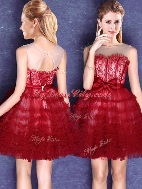 Top Selling Tulle Scoop Sleeveless Lace Up Lace and Bowknot Dama Dress in Wine Red