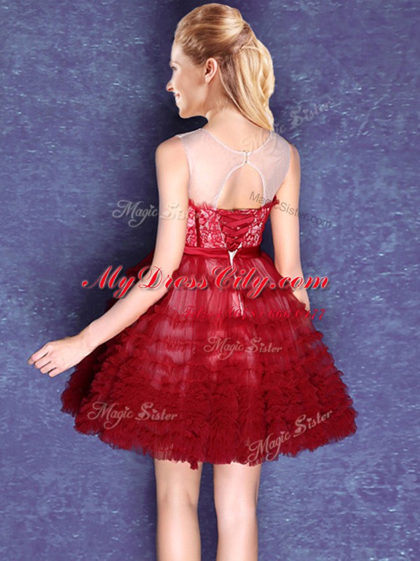 Top Selling Tulle Scoop Sleeveless Lace Up Lace and Bowknot Dama Dress in Wine Red