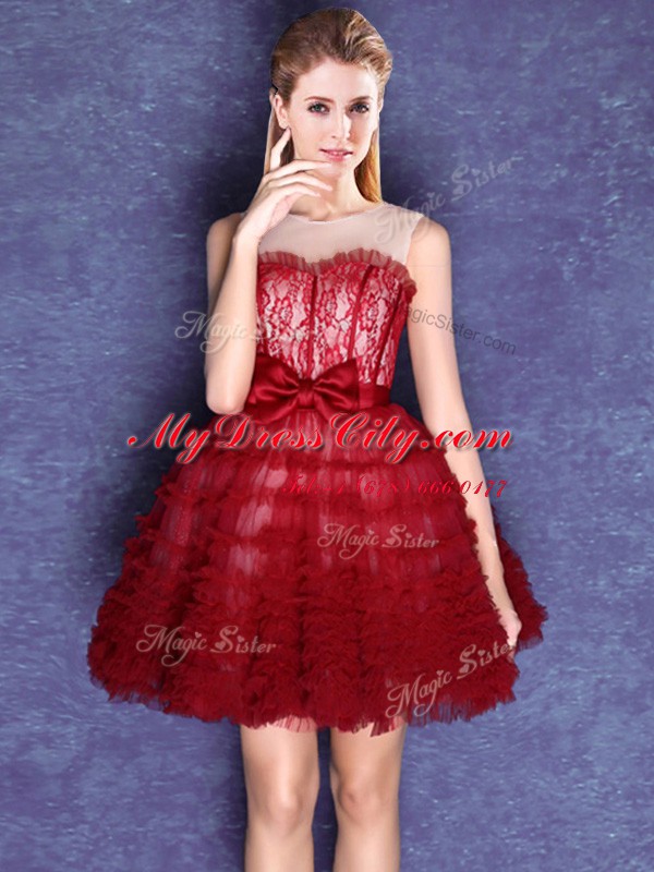 Top Selling Tulle Scoop Sleeveless Lace Up Lace and Bowknot Dama Dress in Wine Red